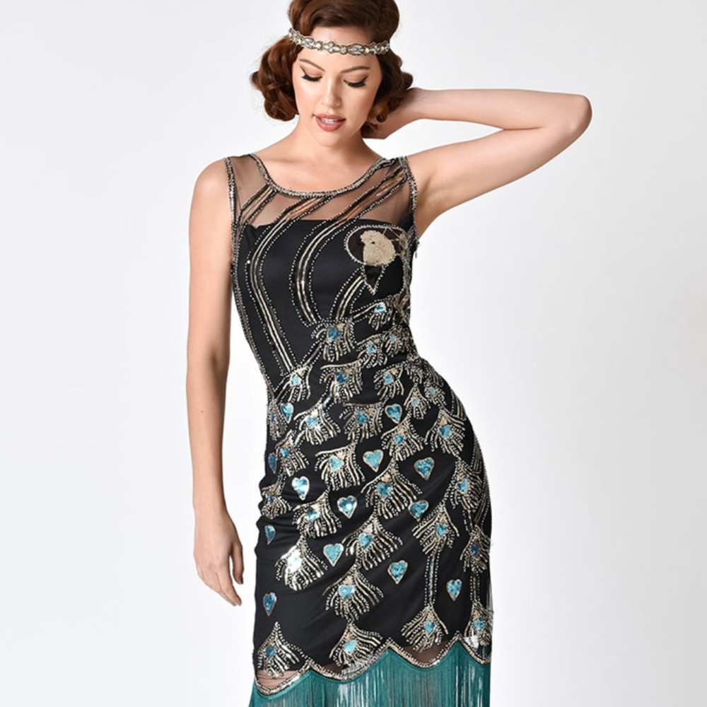 Unique Vintage 1920s Inspired Beaded Sequin Peacock Flapper Dress Size Medium-1A